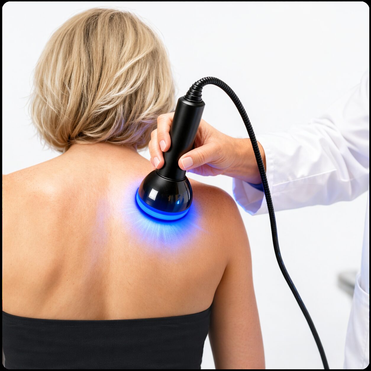 Shockwave therapy treatment applied to shoulder pain at physical therapy clinic in Lafayette and Abbeville