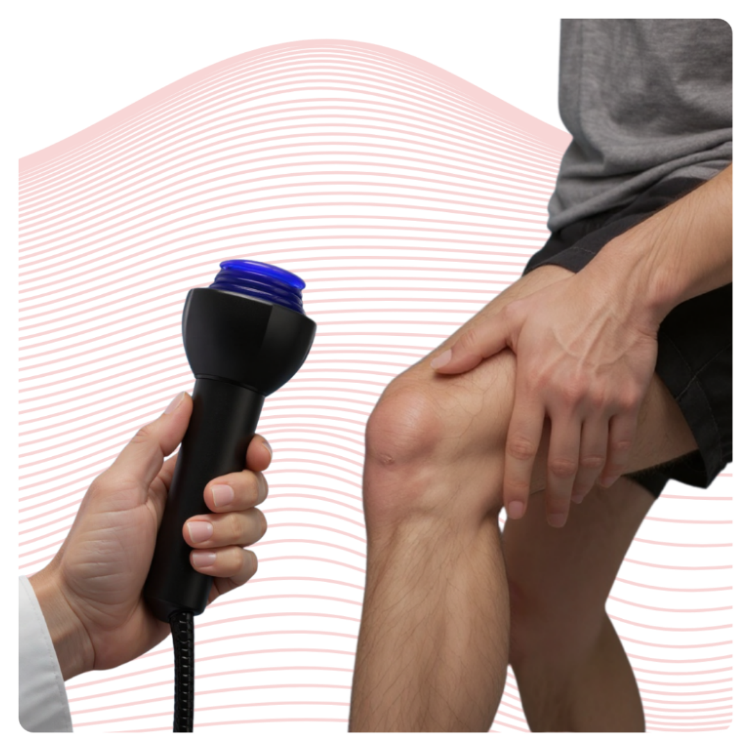 Shockwave therapy device treating knee pain at physical therapy clinic in Lafayette and Abbeville