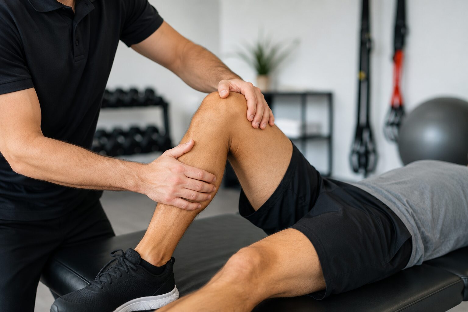 Physical therapist treating knee pain at UnLock Physical Therapy in Lafayette, LA