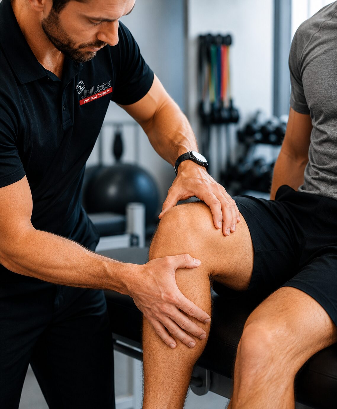 Knee Pain Physical Therapy Evaluation | UnLock Physical Therapy Physical therapist performing knee pain evaluation during physical therapy session in Lafayette and Abbeville LA