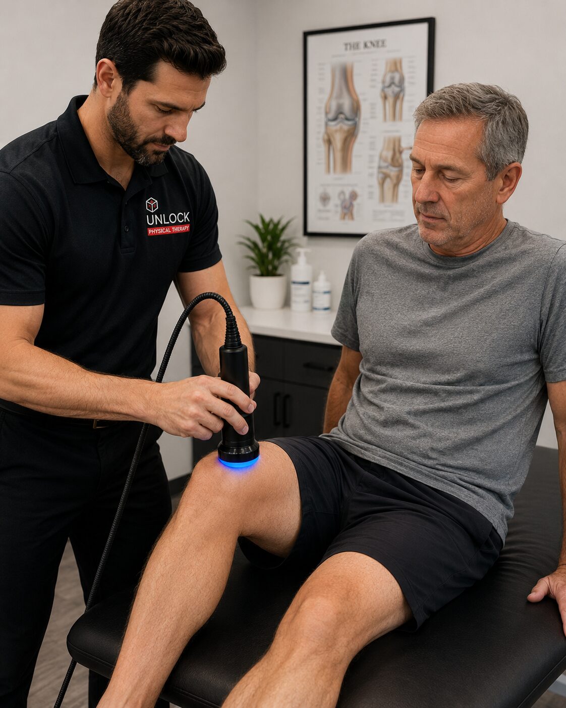 Shockwave Therapy for Knee Pain | UnLock Physical Therapy Shockwave therapy treatment for knee pain at physical therapy clinic in Lafayette and Abbeville LA