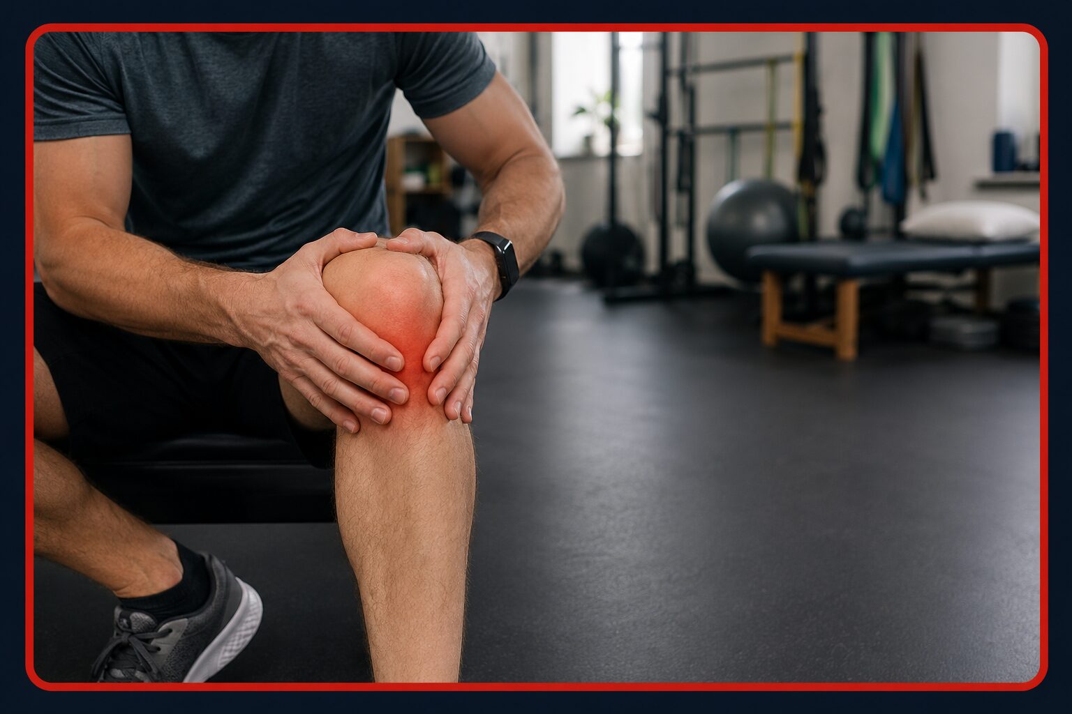 Man holding painful knee during physical therapy evaluation in Lafayette, LA