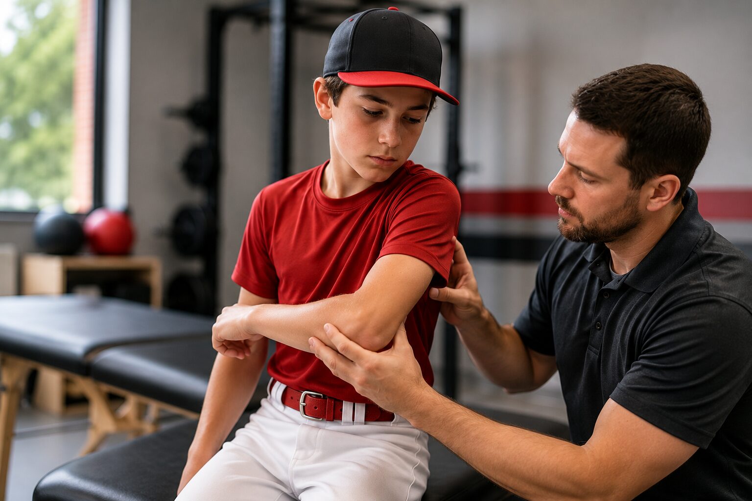 Youth baseball player receiving elbow pain treatment from sports physical therapist in Lafayette LA