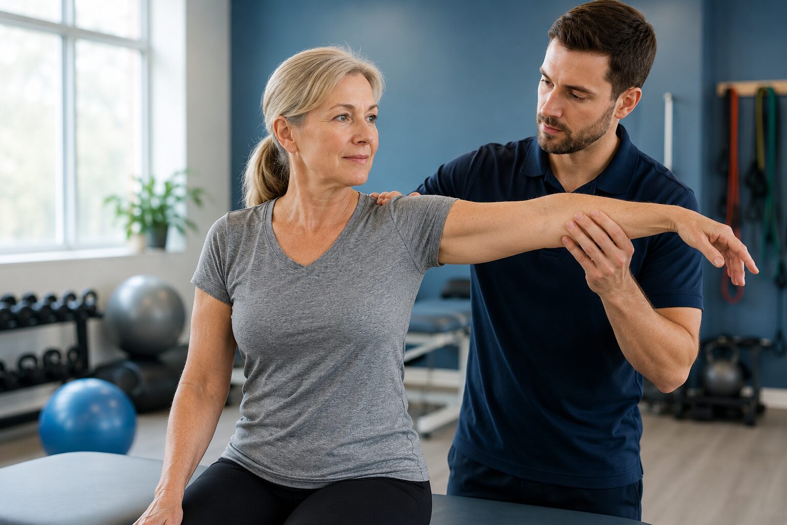 Physical therapist evaluating a woman with shoulder pain before orthopedic surgery at UnLock Physical Therapy in Lafayette and Abbeville.