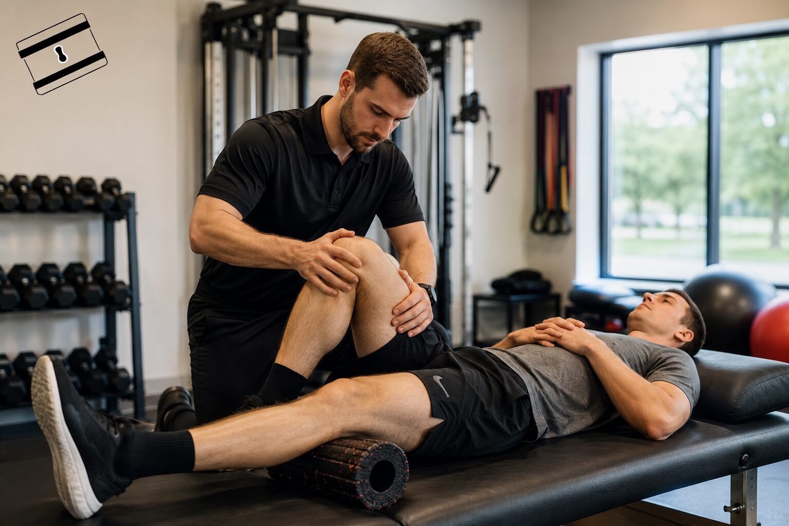 Sports physical therapist evaluating an athlete during a personalized rehabilitation session at UnLock Physical Therapy in Lafayette and Abbeville, Louisiana.