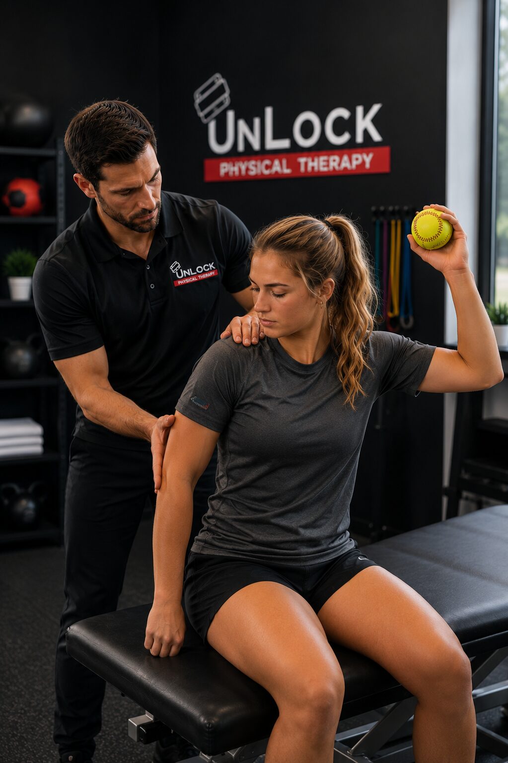 Throwing Injury Physical Therapy for Softball Players | UnLock Physical Therapy Physical therapist evaluating the shoulder of a college softball player during throwing injury rehabilitation in Lafayette, Louisiana.