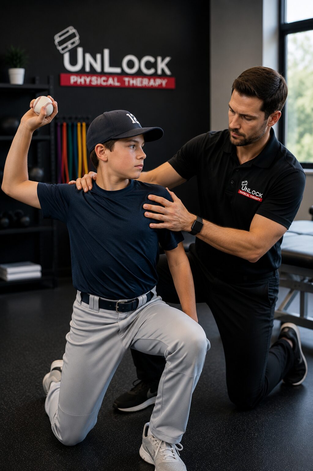 Throwing Injury Treatment for Little League Baseball Players | UnLock Physical Therapy Physical therapist evaluating the throwing shoulder of a Little League baseball player during throwing injury rehabilitation in Lafayette, Louisiana.