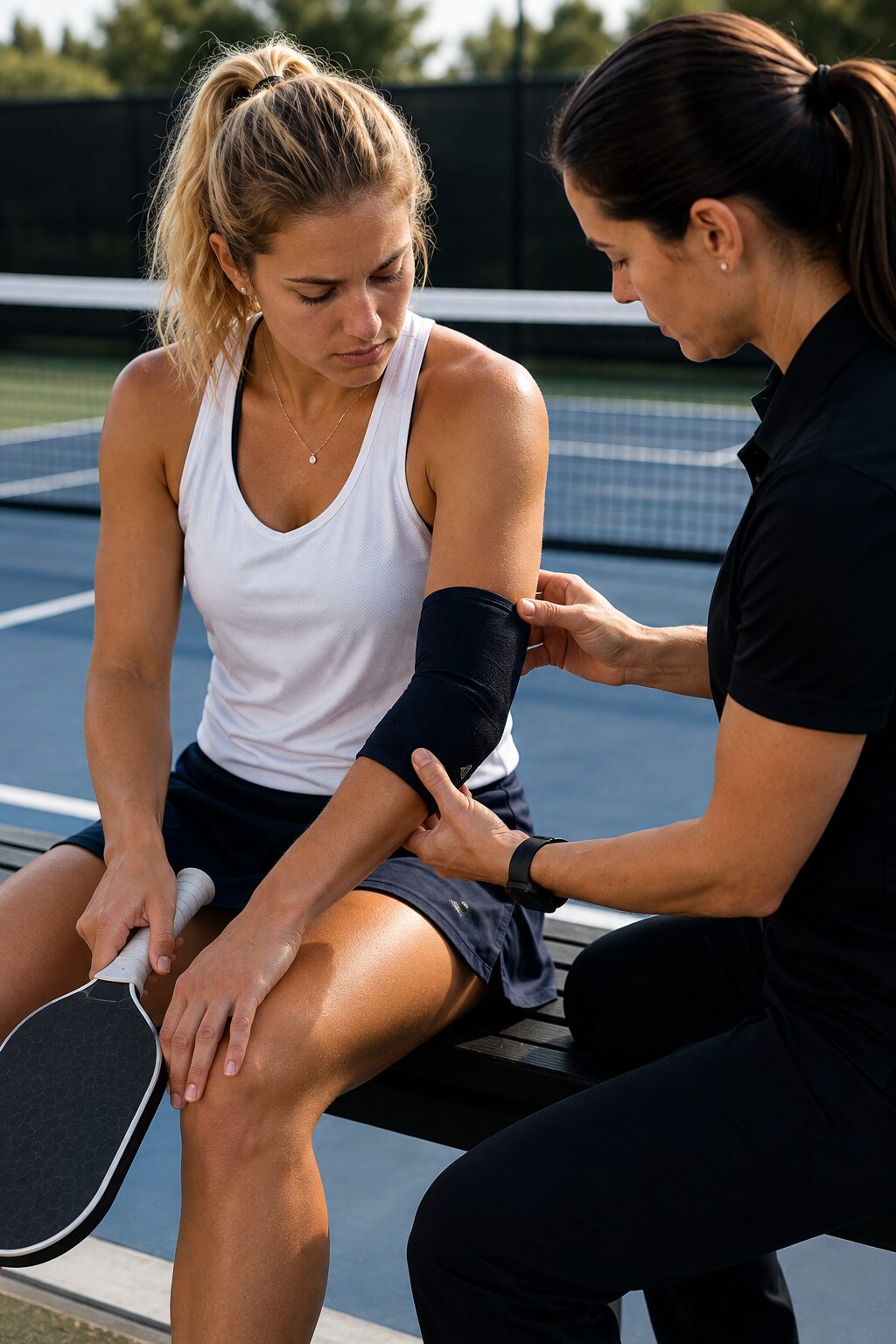 Physical therapist evaluating a college athlete's elbow pain during a physical therapy session in Lafayette and Abbeville, LA