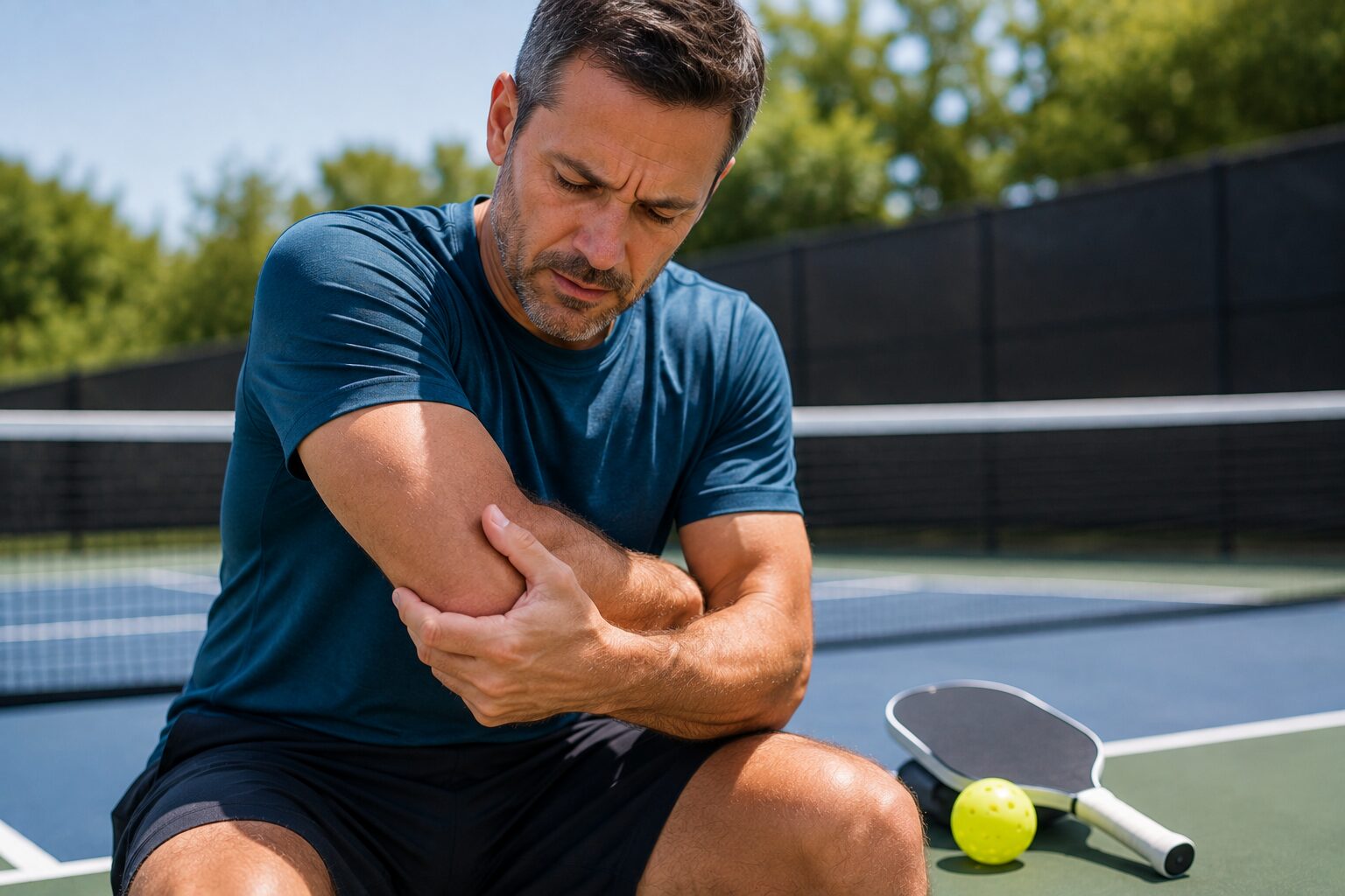 Active adult warming up forearm before playing pickleball to prevent elbow pain in Lafayette and Abbeville, LA