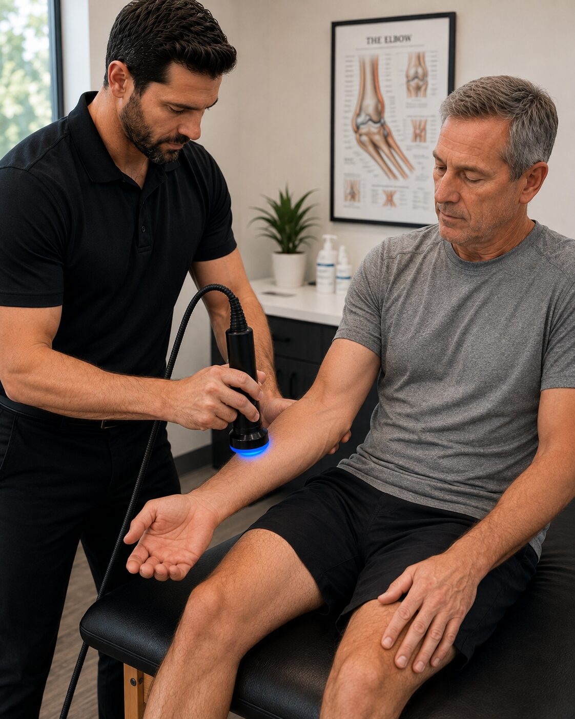 Shockwave therapy treatment for chronic elbow pain at UnLock Physical Therapy in Lafayette and Abbeville, LA