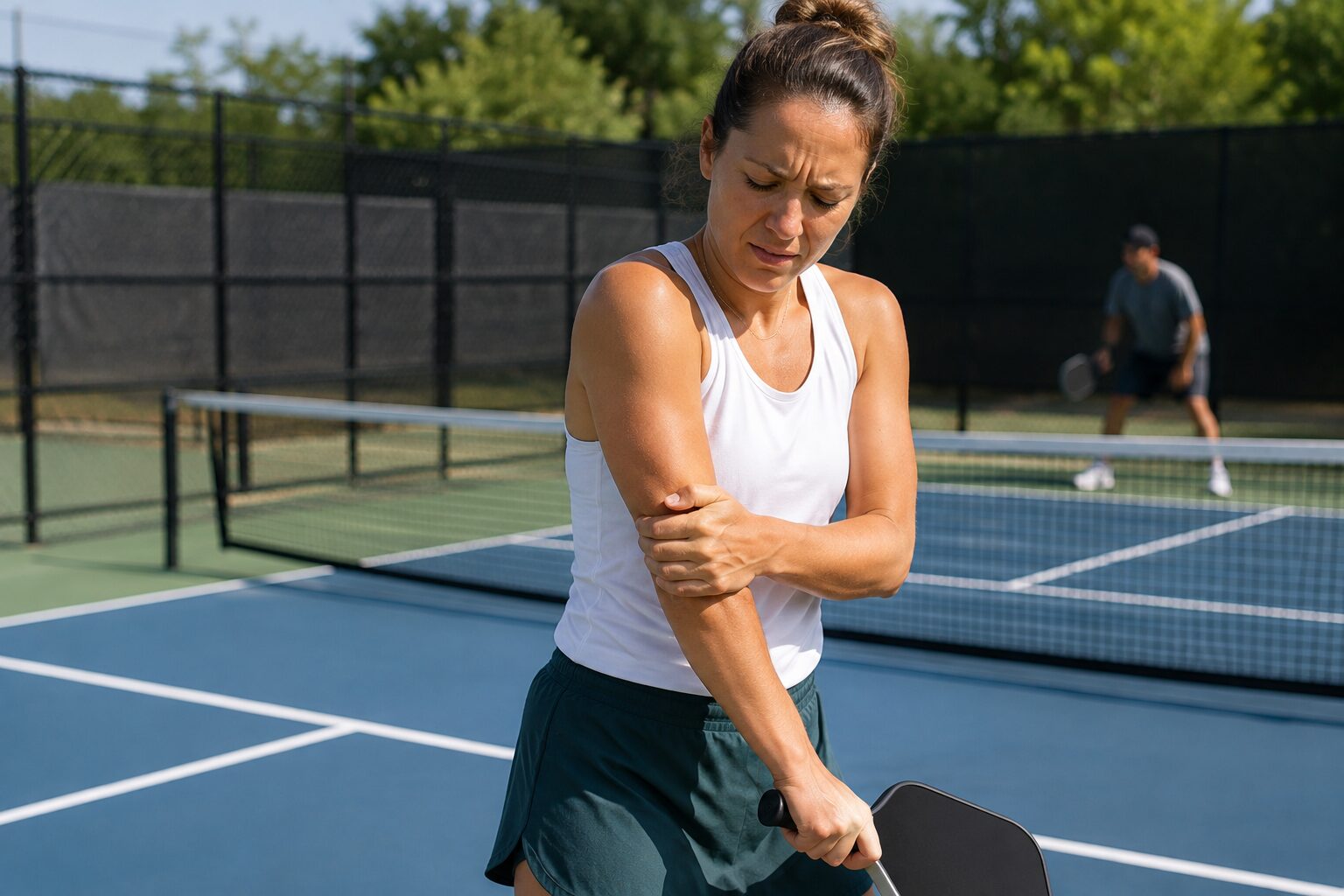 Active adult holding elbow in pain while playing pickleball in Lafayette and Abbeville, LA