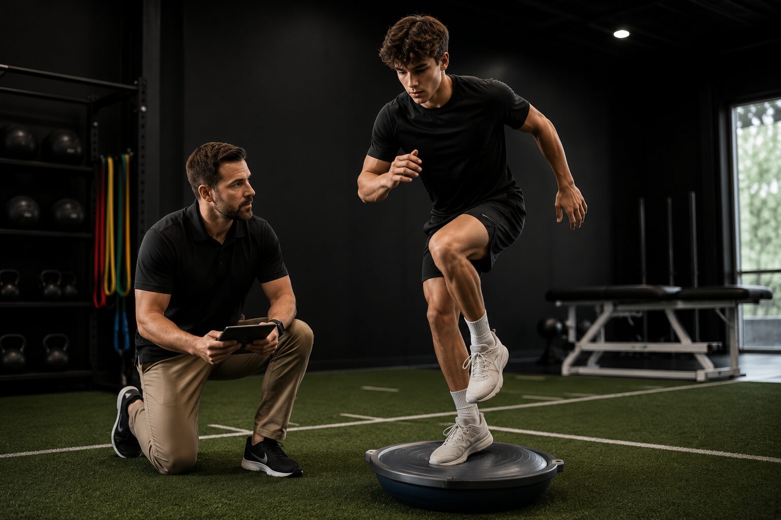 Physical therapist supervising a young athlete during football injury prevention training at UnLock Physical Therapy in Lafayette, Louisiana