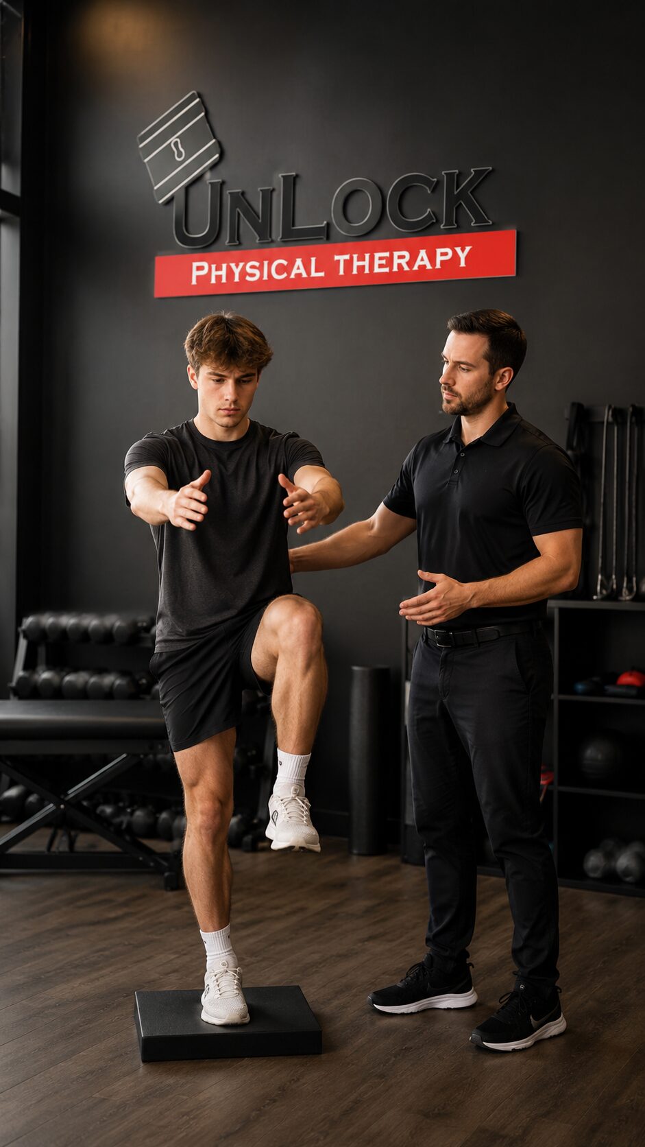 ACL Injury Prevention Training | UnLock Physical Therapy Young athlete performing single-leg balance training to prevent ACL injury at UnLock Physical Therapy in Lafayette and Abbeville, LA