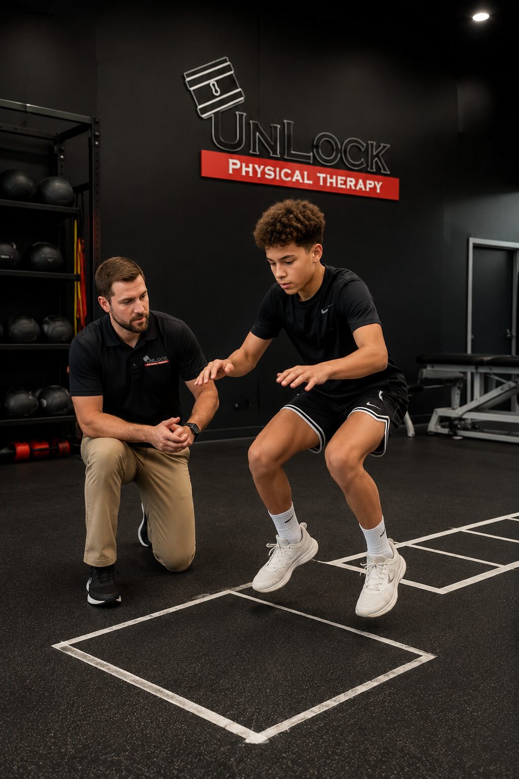 ACL Injury Prevention Jump Training for Youth Athletes | UnLock Physical Therapy Physical therapist guiding a young basketball player through jump-landing training for ACL injury prevention in Lafayette and Abbeville, Louisiana