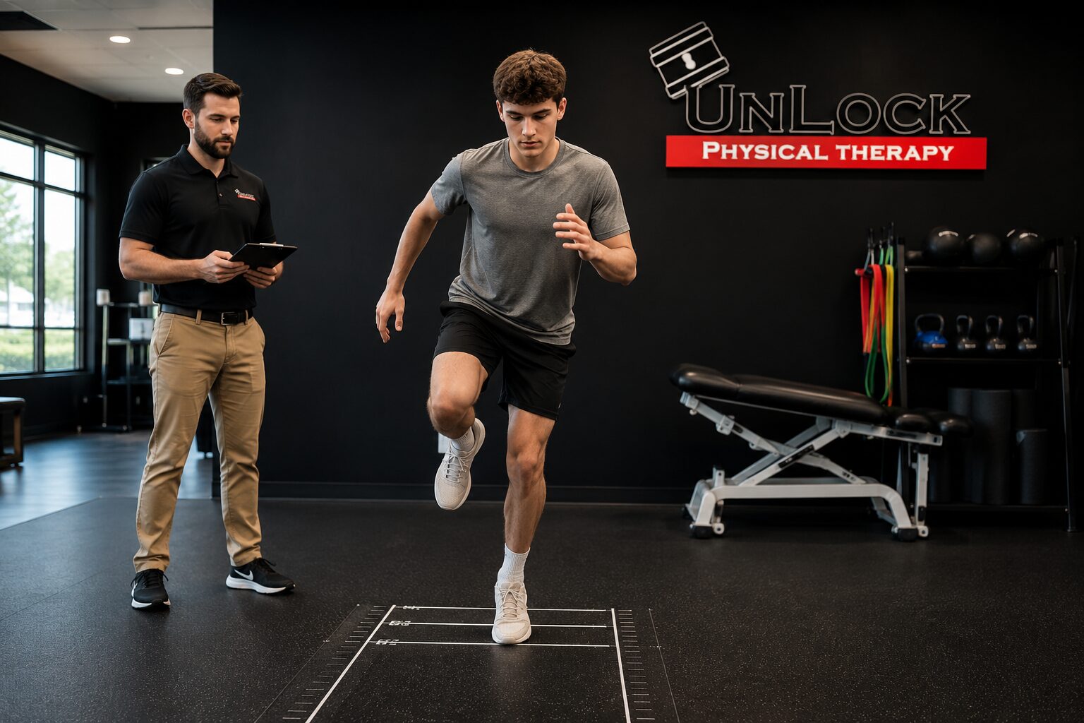 Physical therapist guiding a young athlete through ACL recovery testing in Lafayette and Abbeville, LA
