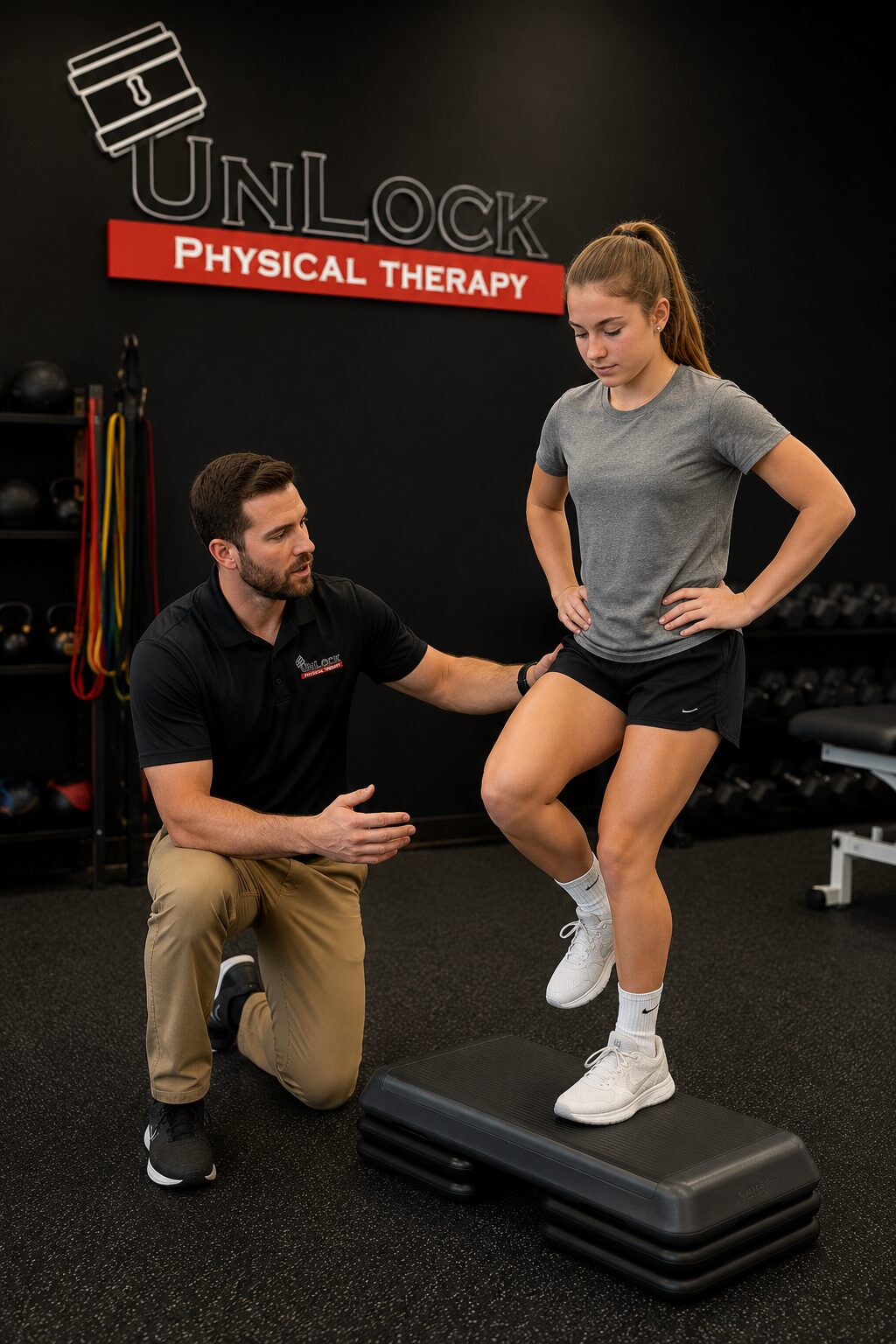 ACL Rehabilitation for Female Athletes | UnLock Physical Therapy hysical therapist guiding a female athlete through ACL rehabilitation exercises in Lafayette and Abbeville, LA