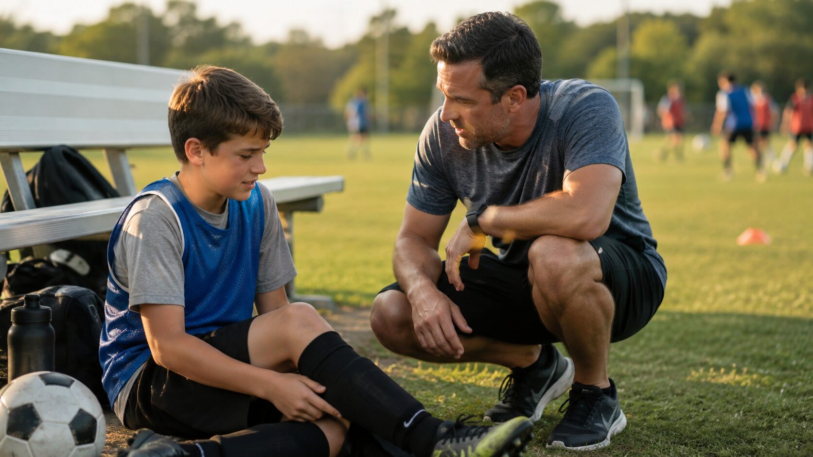 Signs your young athlete needs physical therapy: coach checking in with a player during practice in Lafayette and Abbeville, LA