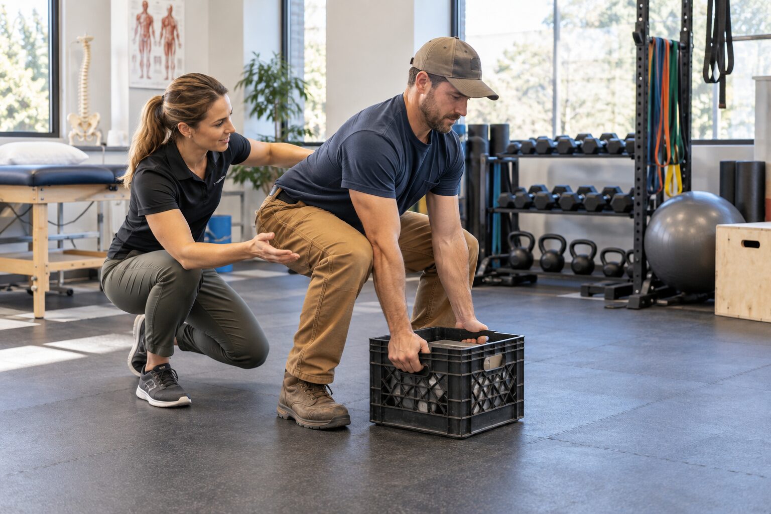 Worker practicing safe lifting mechanics with a physical therapist